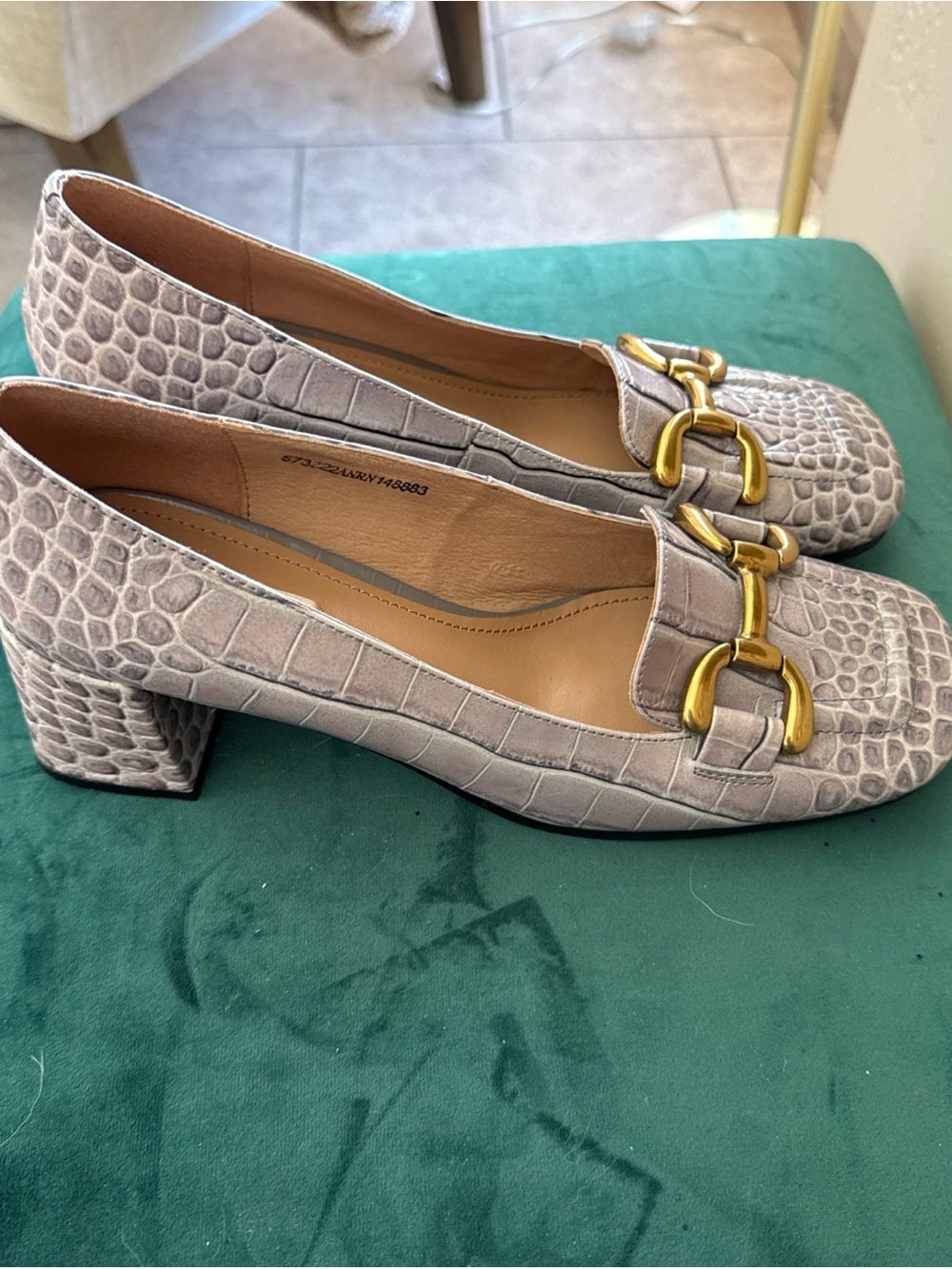 Bibi Lou Anthropologie Gray Horsebit Moc Croc Heels - Picture 14 of 14